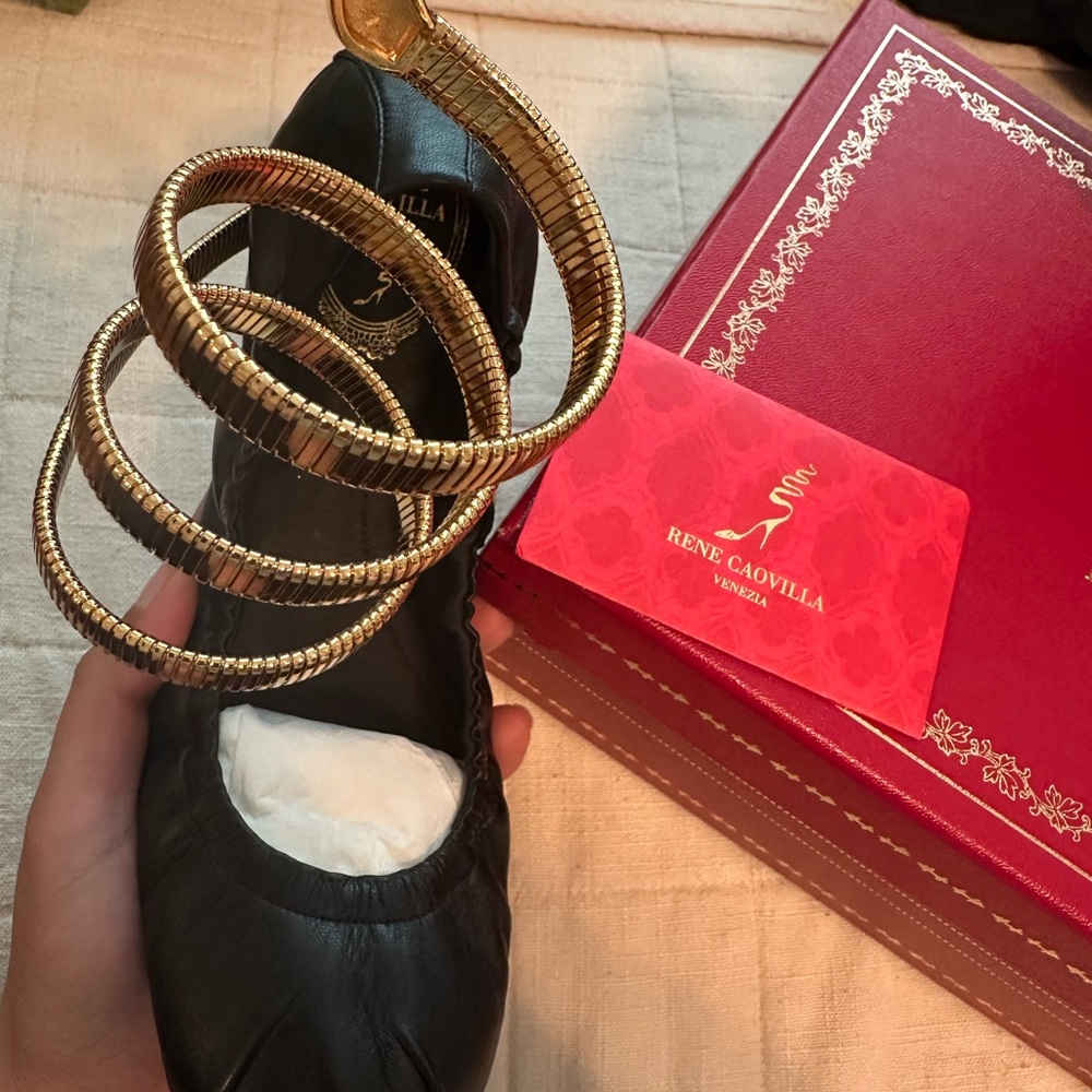 Rene Caovilla Black and Gold Spiral Heels